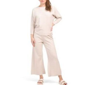 Sioni Womens Ribbed Knit Elastic Waistband Wide Leg Pants Beige Size Medium NWT‎